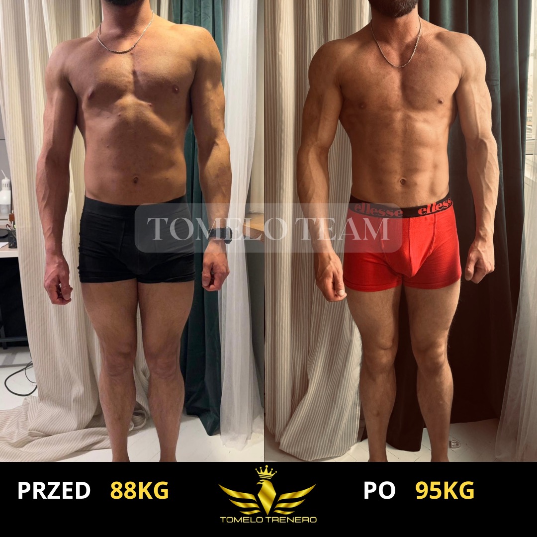 Mężczyzna prezentujący transformację sylwetki: po lewej zdjęcie przed treningami (88kg), po prawej po treningach (95kg), widoczny wzrost masy mięśniowej.