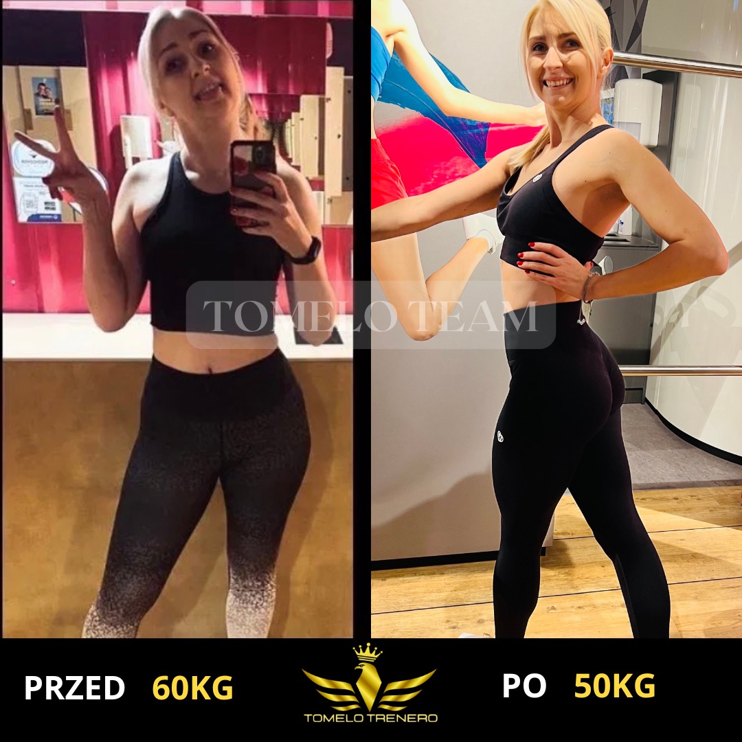Kobieta prezentuje transformację sylwetki przed i po, z widoczną różnicą w wadze, na tle studia treningowego.