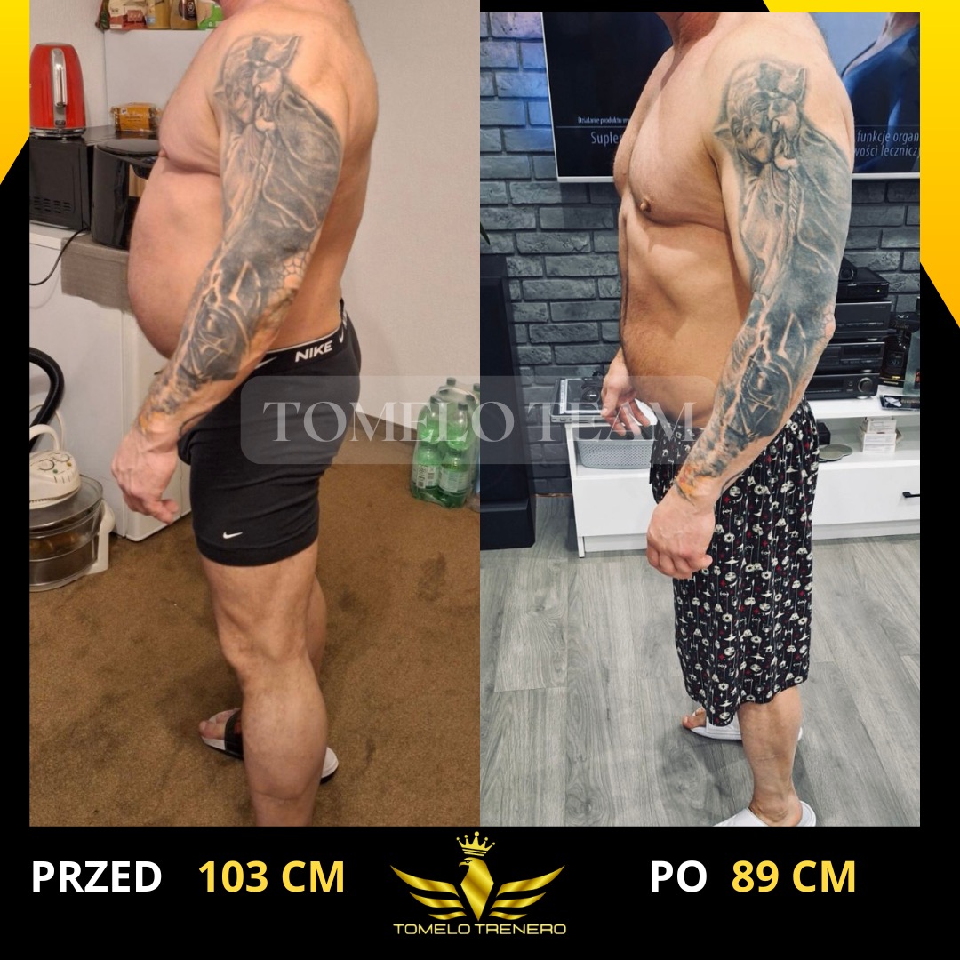 Mężczyzna przed i po zmianie sylwetki, widoczne różnice w obwodzie talii, tatuaż na ramieniu, porównanie sylwetki z boku, zmiana z 103cm na 89cm.