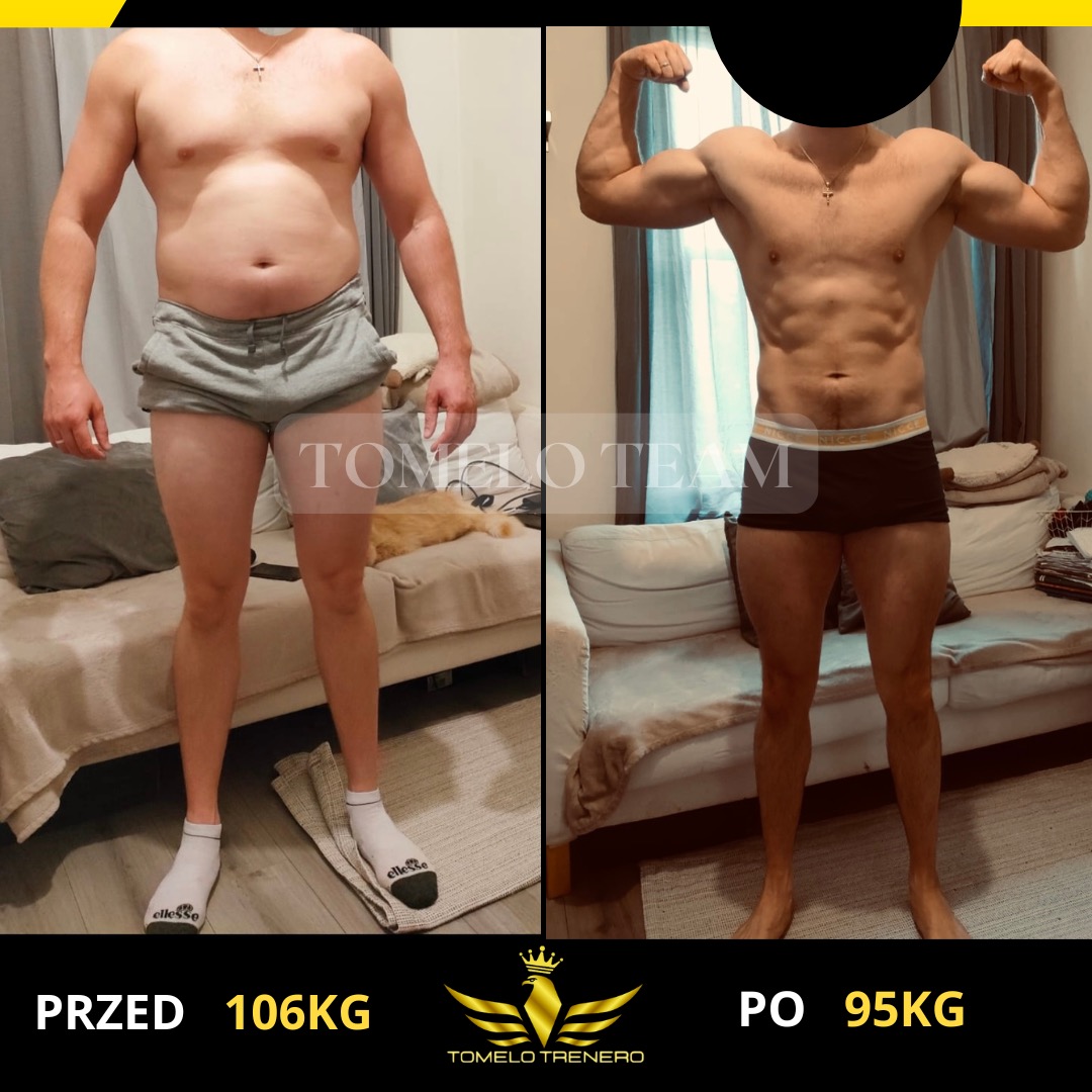 Mężczyzna przed i po metamorfozie sylwetki, widoczna redukcja wagi i przyrost masy mięśniowej, na zdjęciu po pozuje z napiętymi bicepsami.