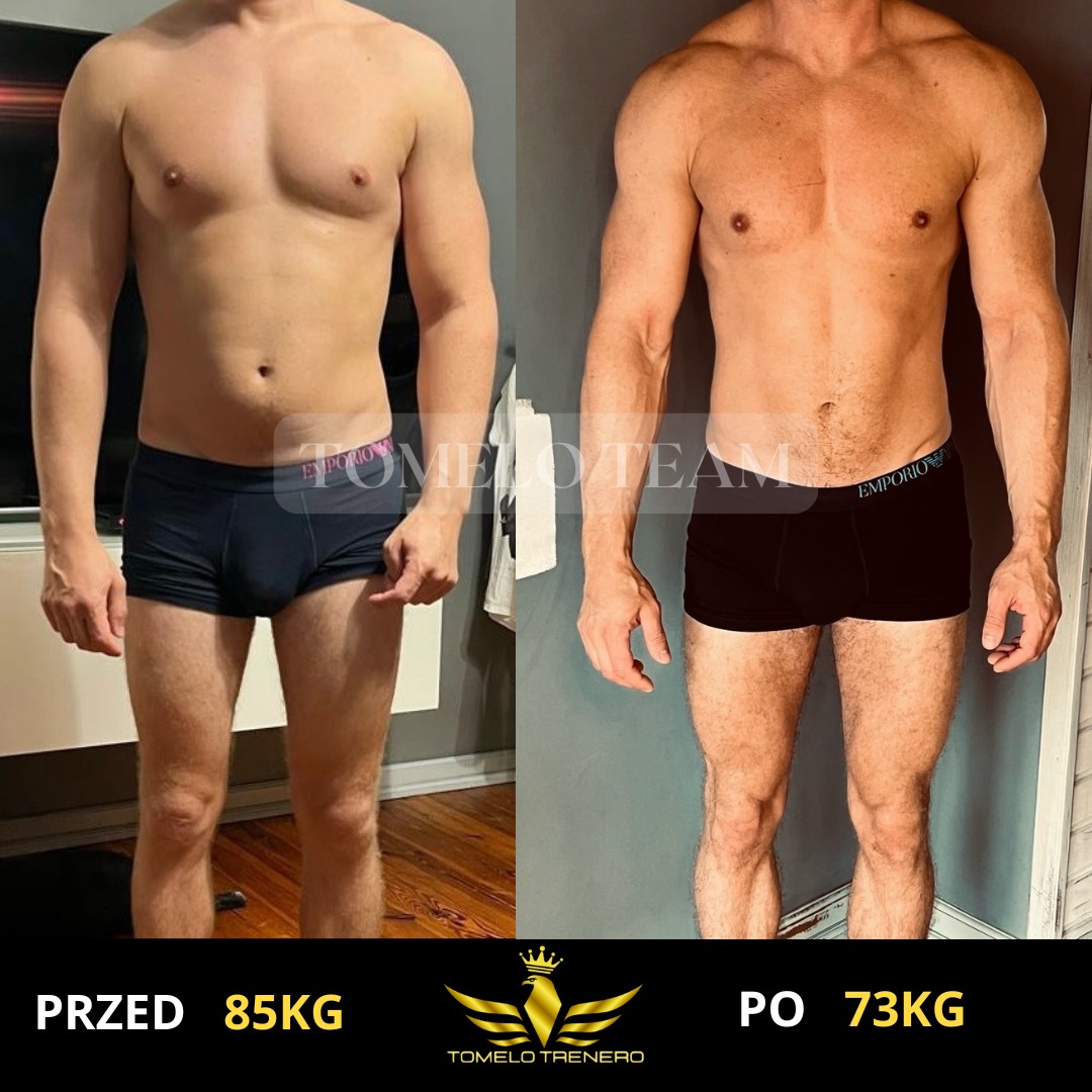 Męska sylwetka przed i po treningu personalnym, widoczna redukcja wagi z 85kg do 73kg, bielizna marki Emporio.