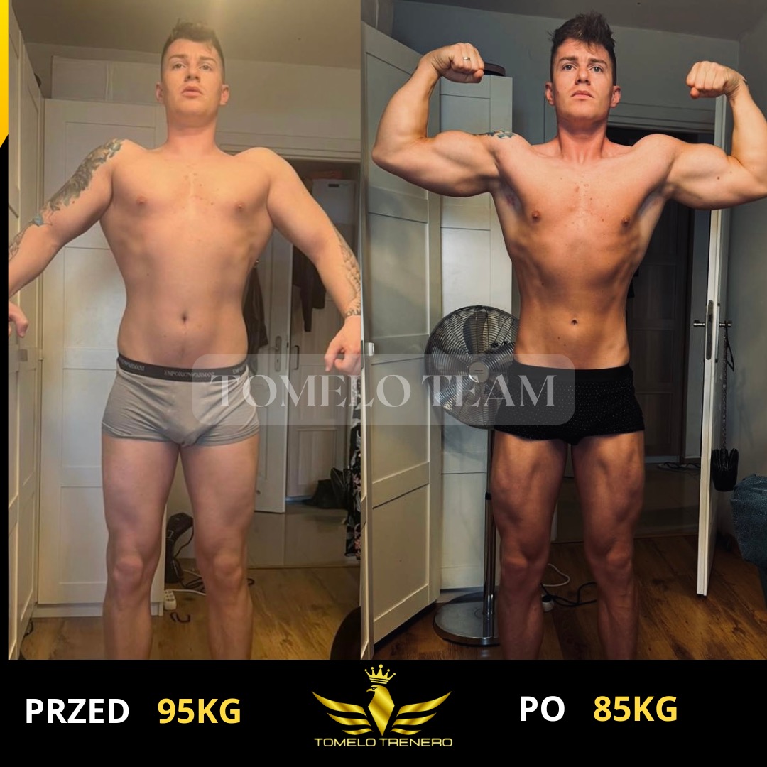 Mężczyzna prezentuje metamorfozę sylwetki: zdjęcie 'przed' z wagą 95 kg i 'po' z wagą 85 kg, widoczna poprawa muskulatury.