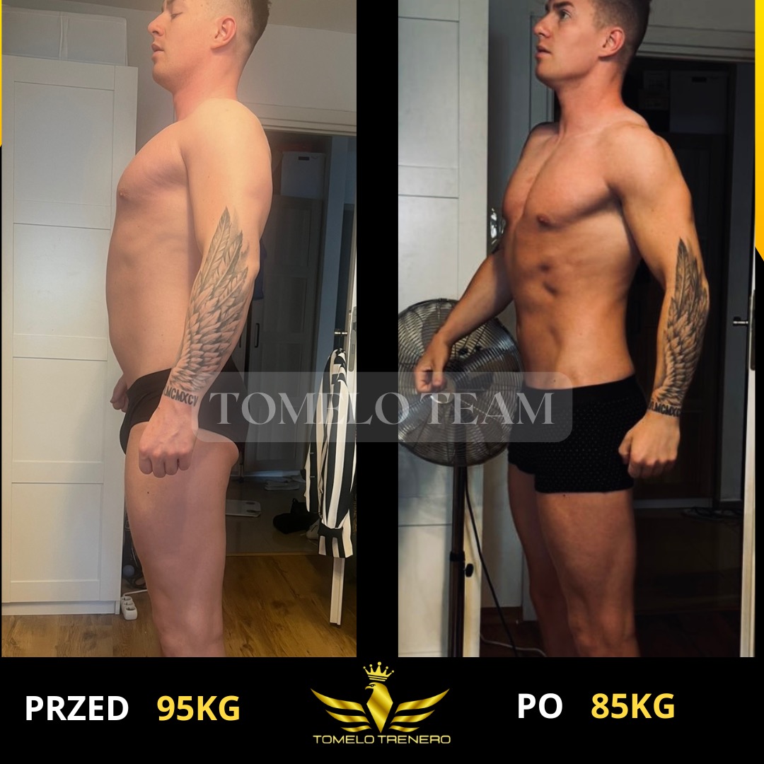 Porównanie sylwetki mężczyzny przed i po treningu, widoczna różnica w masie ciała (95kg vs 85kg), tatuaż na ramieniu w obu ujęciach.
