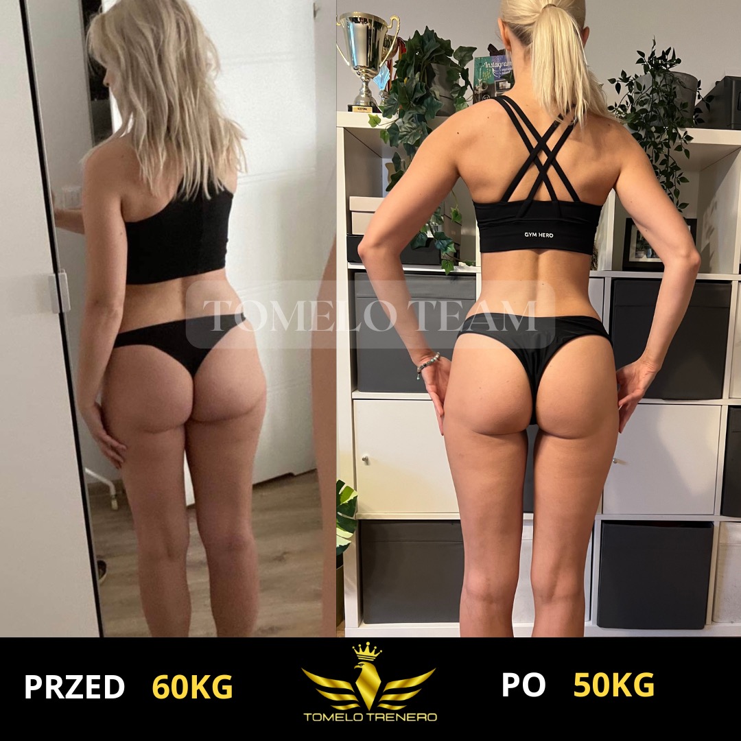 Zdjęcie porównawcze sylwetki kobiety przed i po treningu, widok z tyłu, zmiana wagi z 60kg na 50kg, widoczny zarys mięśni pleców i pośladków, logo trenera w dolnej części.