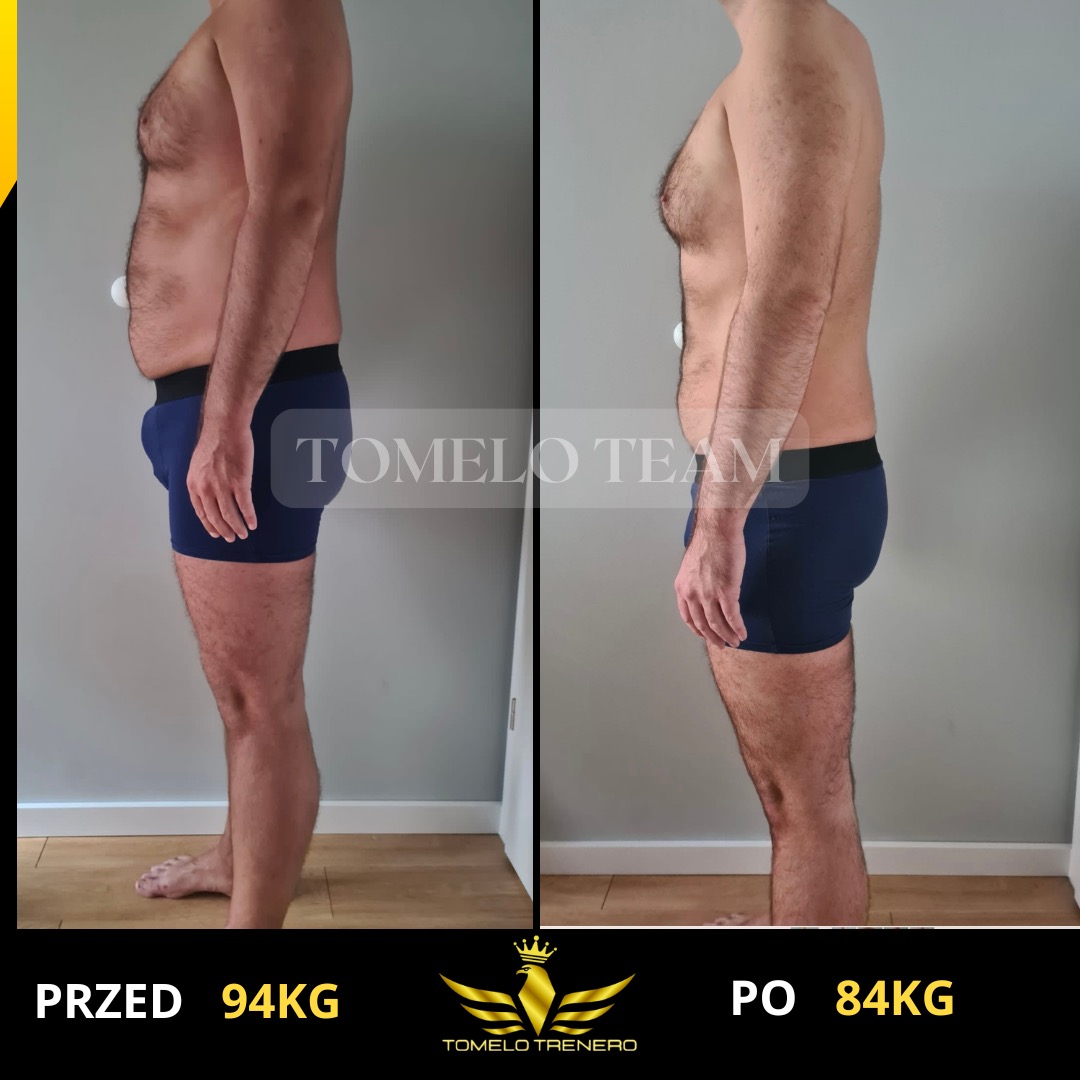 Mężczyzna w bieliźnie, porównanie sylwetki przed i po odchudzaniu, widoczne zmiany w wadze 94kg vs 84kg, bokiem do kamery, szare tło.