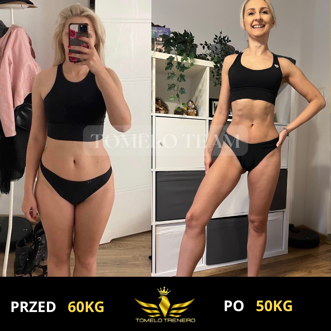 Kobieta w bieliźnie sportowej prezentująca transformację sylwetki: po lewej 'przed' z wagą 60kg, po prawej 'po' z wagą 50kg, uśmiechnięta z widocznymi mięśniami brzucha.
