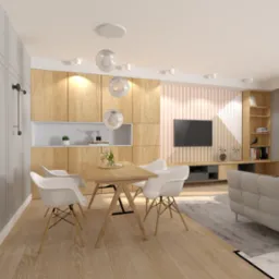 Wizualizacja salonu z jadalnią: drewniana zabudowa ściany z wnękami, stół z białymi krzesłami, szara sofa i telewizor na tle różowo-białej ściany.