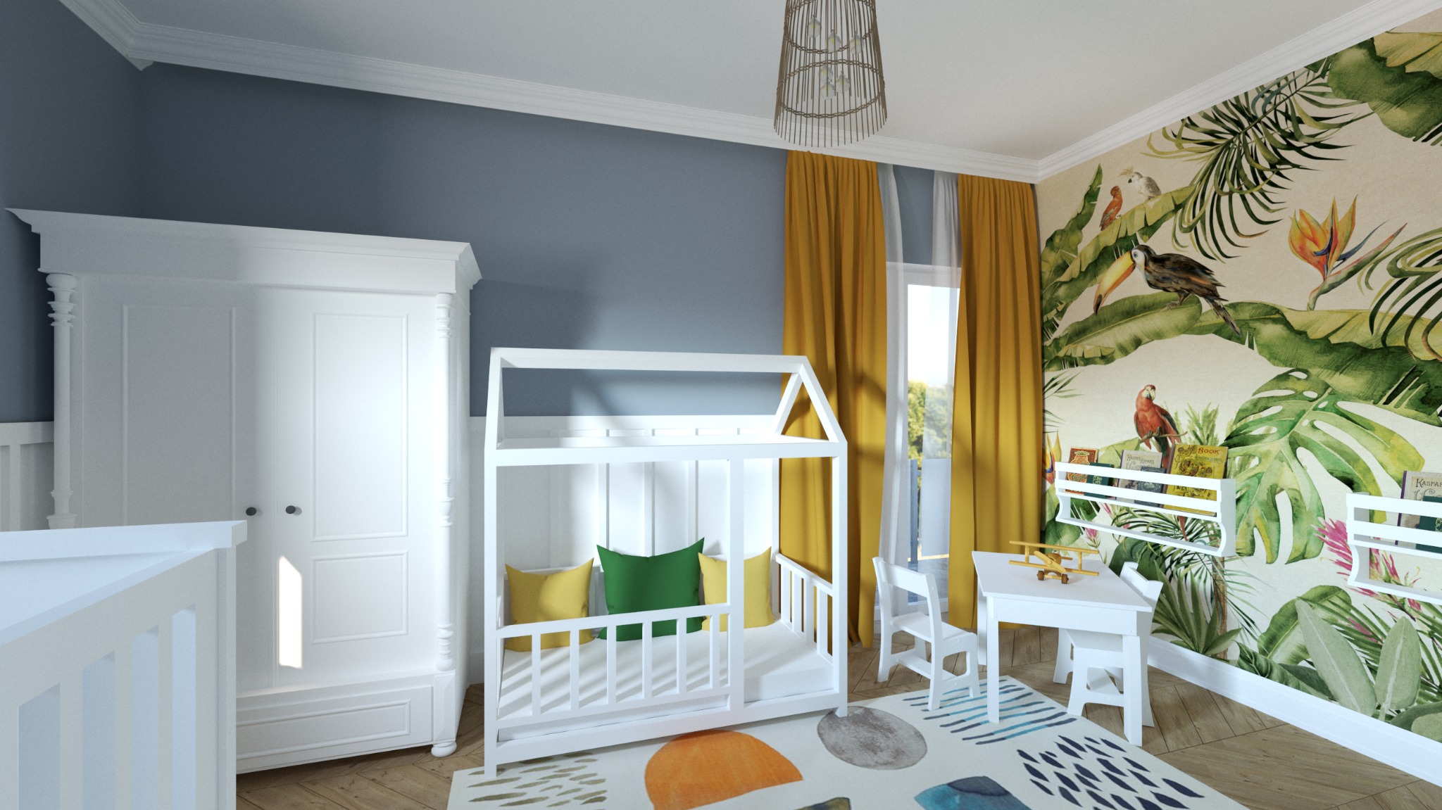Wizualizacja pokoju dziecięcego z białym łóżkiem w kształcie domku, biurkiem, szafą i tapetą w motywy tropikalne, oświetlonego wiszącą lampą z wikliny.
