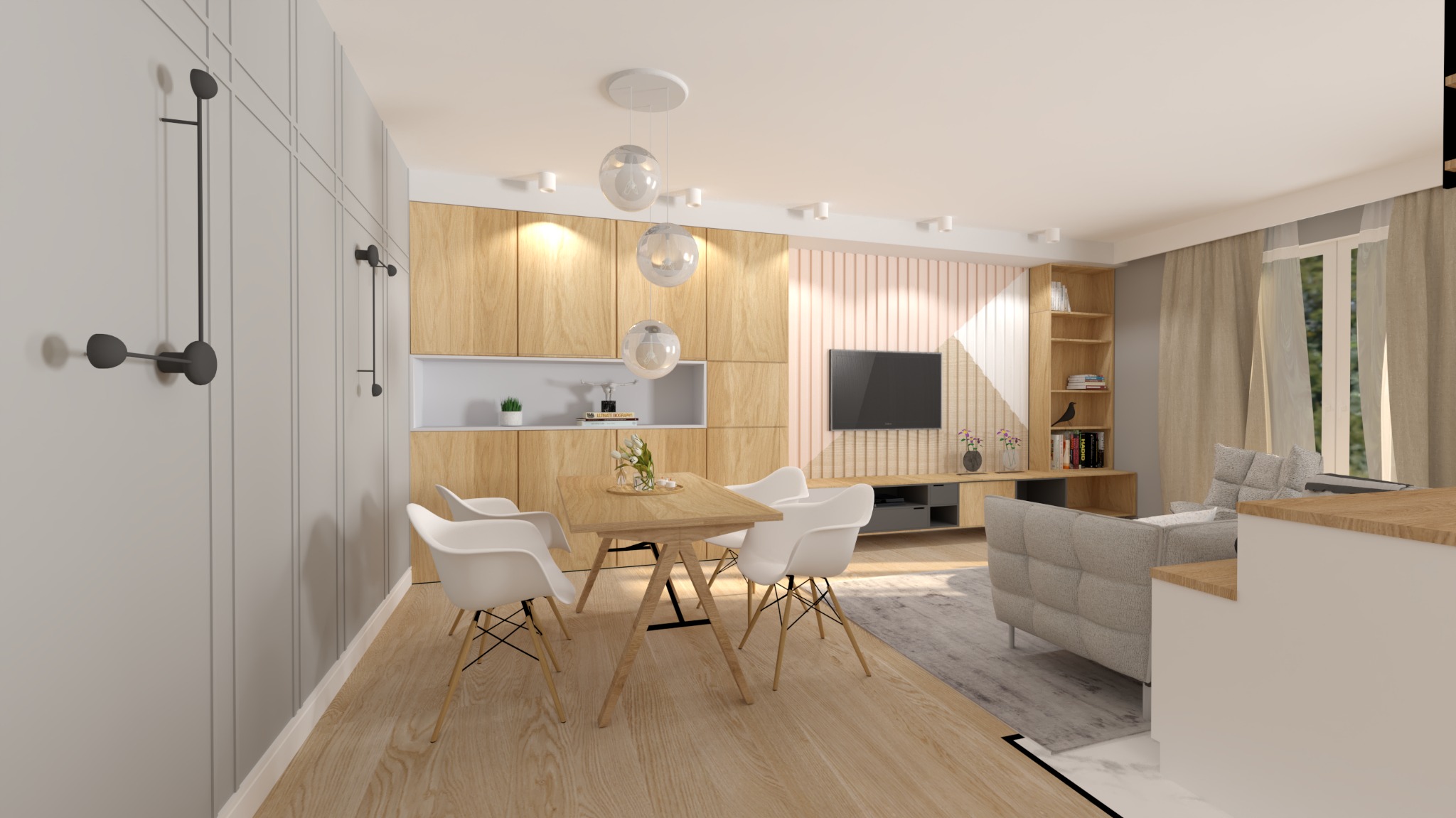Wizualizacja wnętrza: salon z jadalnią. Drewniana podłoga i zabudowa meblowa, białe krzesła, szara sofa i ściana z dekoracyjnymi lampami.