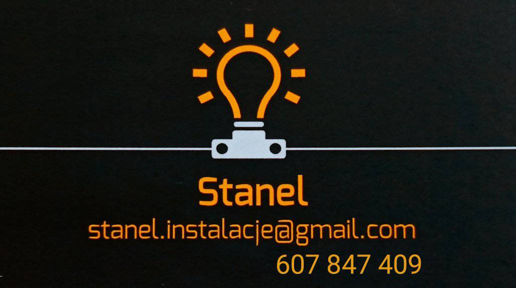 Wizytówka firmy Stanel z symbolem żarówki, adresem email stanel.instalacje@gmail.com i numerem telefonu 607 847 409 na czarnym tle.