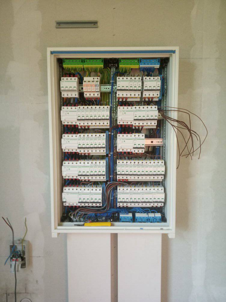Rozdzielnica elektryczna w trakcie montażu w surowym wnętrzu, widoczne liczne zabezpieczenia, przewody w różnych kolorach i niepodłączone kable, na ścianie widoczny puszkowy wyłącznik.