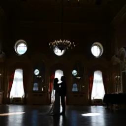 Sylwetki pary młodej w objęciach na tle bogato zdobionej sali balowej z żyrandolem i dużymi oknami.