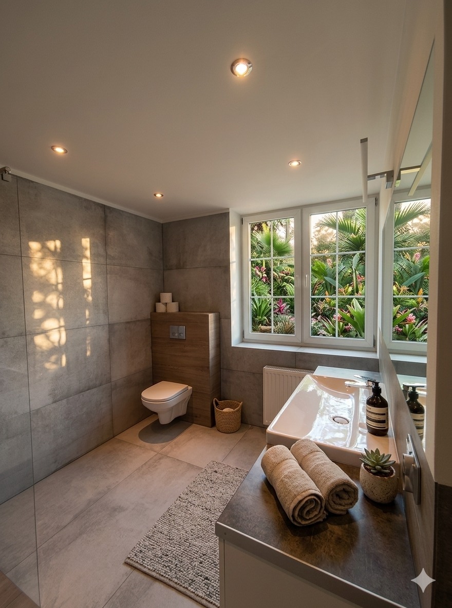 Nowoczesna łazienka z szarymi płytkami, drewnianą zabudową toalety i widokiem na tropikalny ogród przez okno. Dwa zwinięte ręczniki leżą na blacie umywalki.