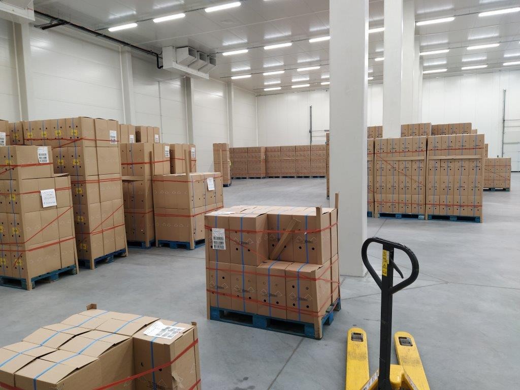 Wnętrze chłodni z paletami kartonowych pudeł zabezpieczonych taśmami, w tle widoczne rzędy składowanych towarów, w pierwszym planie wózek paletowy.