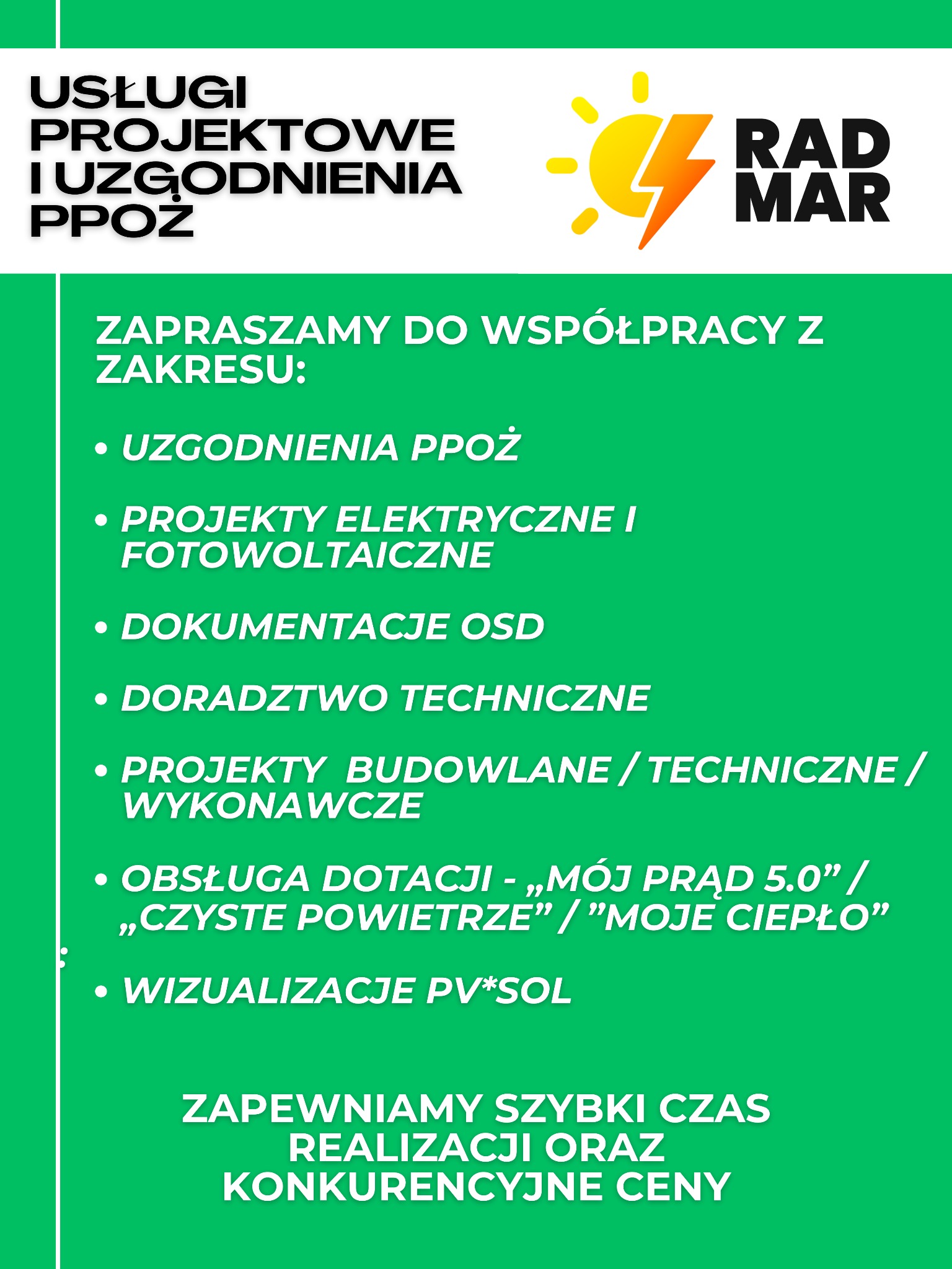 Grafika reklamowa firmy RAD MAR oferującej usługi projektowe i uzgodnienia ppoż, projekty elektryczne i fotowoltaiczne, dokumentacje OSD, doradztwo techniczne, projekty budowlane, obsługę dotacji...