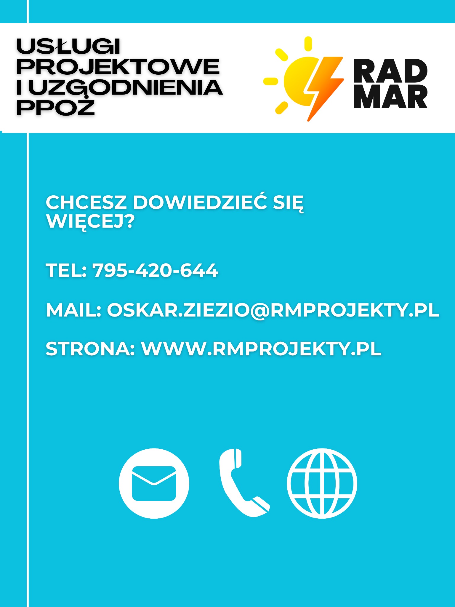 Grafika reklamowa firmy RAD MAR oferującej usługi projektowe i uzgodnienia ppoż, z logo firmy, numerem telefonu, adresem e-mail i adresem strony internetowej na turkusowym tle.