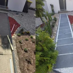 Porównanie stanu przed i po ułożeniu chodnika z szarych płyt w ogrodzie, z widocznymi narzędziami ogrodniczymi i świeżo posadzonymi roślinami.