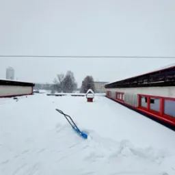 Śnieżny dach budynku z widocznymi śladami odśnieżania i niebieską łopatą do śniegu, w tle zabudowa miejska pod szarym niebem.