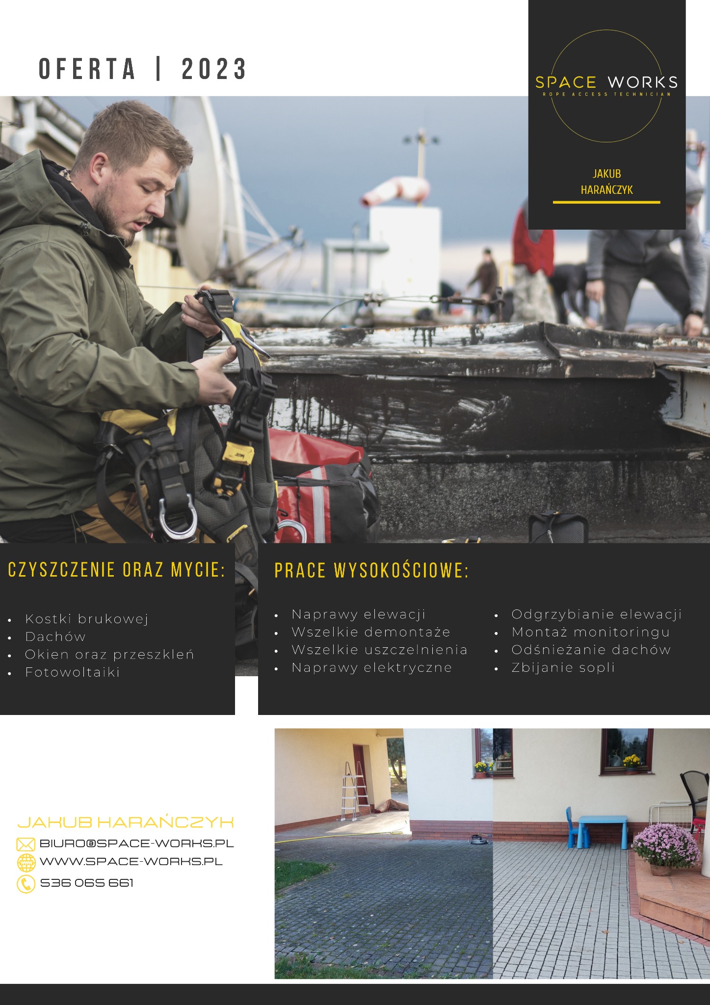 Mężczyzna w zielonej kurtce przygotowuje się do pracy na wysokości, zapinając uprząż asekuracyjną na tle dachu z antenami.