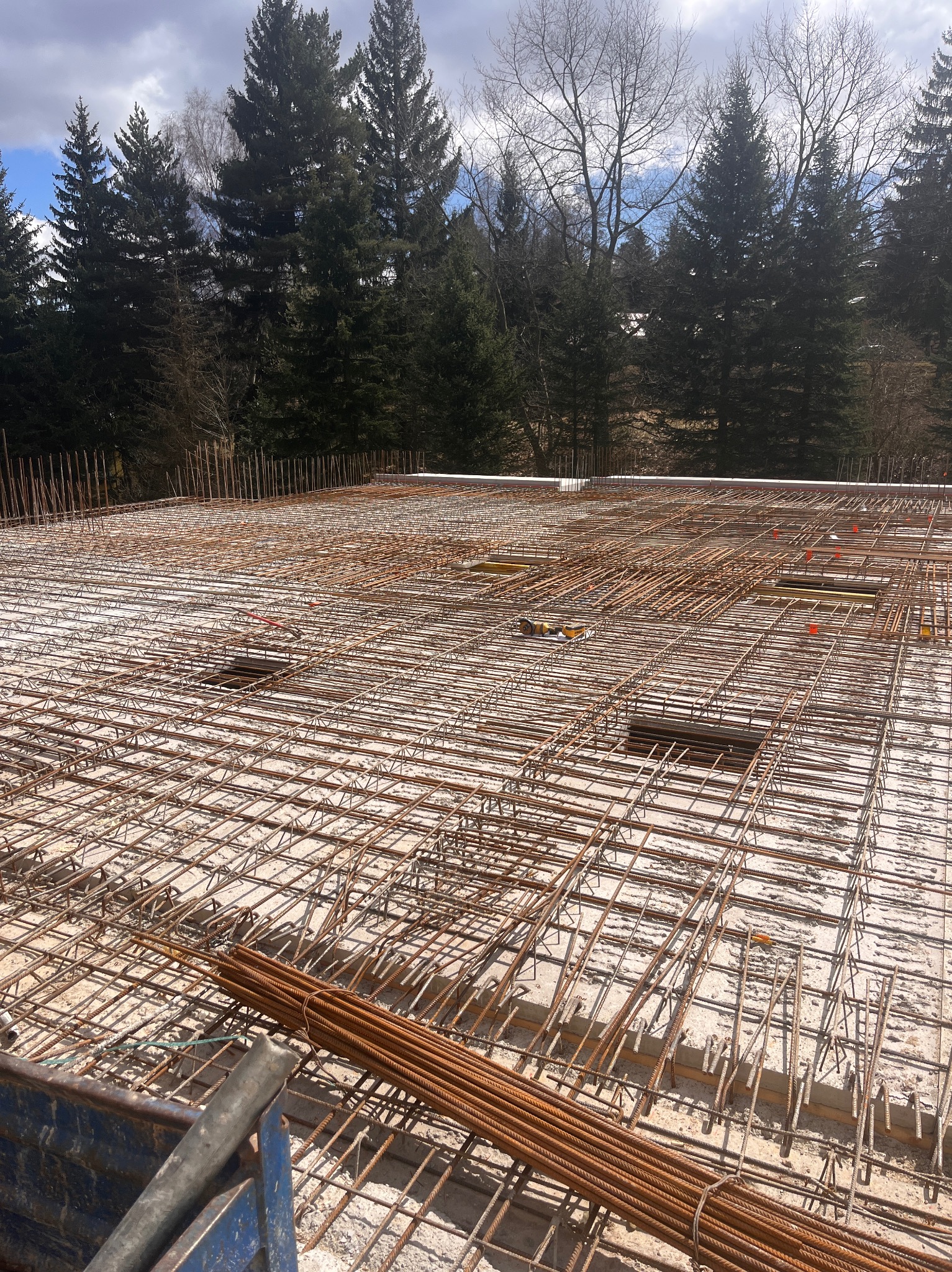 Siatka zbrojeniowa na betonowej płycie fundamentowej, widok z góry, w tle drzewa iglaste i fragment nieba.