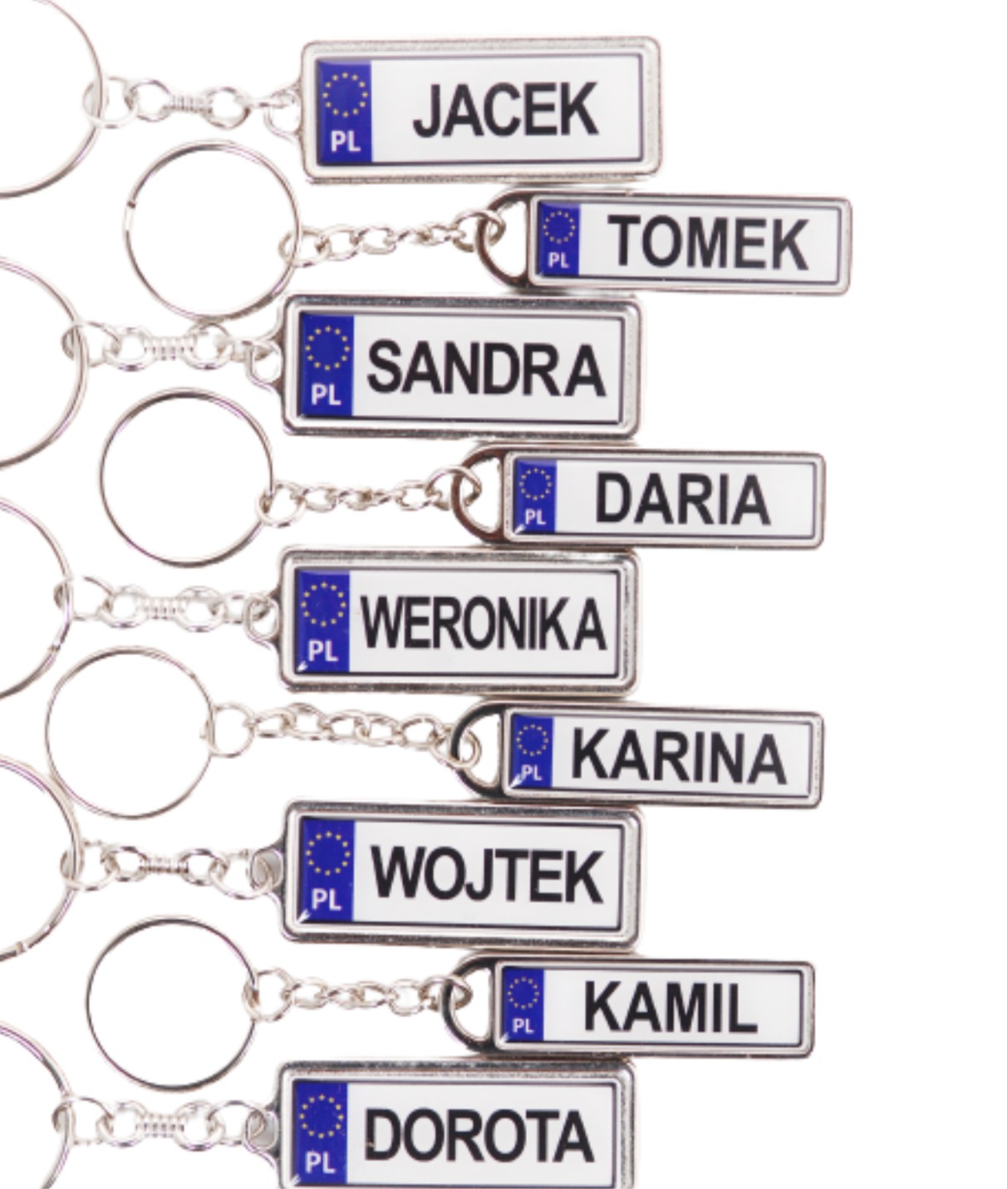 Kolekcja breloczków w kształcie tablic rejestracyjnych z imionami Jacek, Tomek, Sandra, Daria, Weronika, Karina, Wojtek, Kamil i Dorota, każdy z symbolem UE i oznaczeniem PL.
