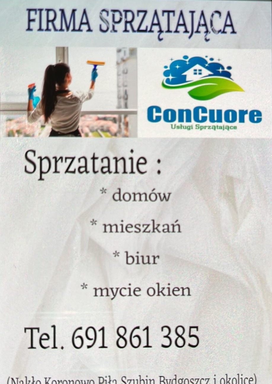 Ulotka reklamowa firmy sprzątającej: kobieta w rękawicach myje okno raką, logo ConCuore, lista usług: domy, mieszkania, biura, mycie okien, numer telefonu.