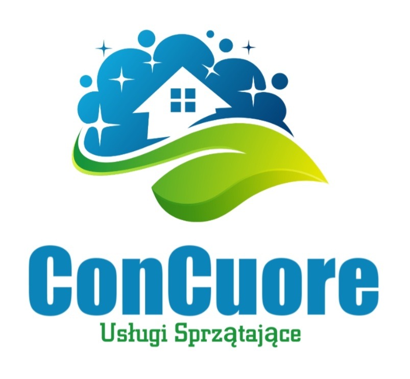 Logo firmy sprzątającej 'ConCuore Usługi Sprzątające' z Nakła nad Notecią. Grafika przedstawia dom w błękitnych bąbelkach i na zielonym liściu.