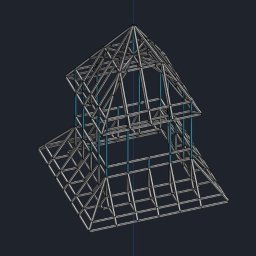 Maciej Hołda Pracownia usług dla budownictwa Wierchy - Model 3D konstrukcji drewnianej wieży z elementami stalowymi, widok z góry, szkieletowa budowa na ciemnym tle.