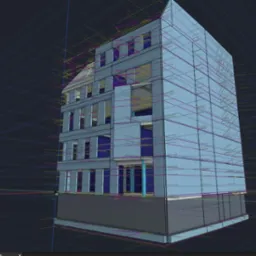 Wizualizacja 3D budynku wielopiętrowego z zaznaczonymi liniami konstrukcyjnymi na ciemnym tle. Model budynku w odcieniach szarości i błękitu. Widok z perspektywy.