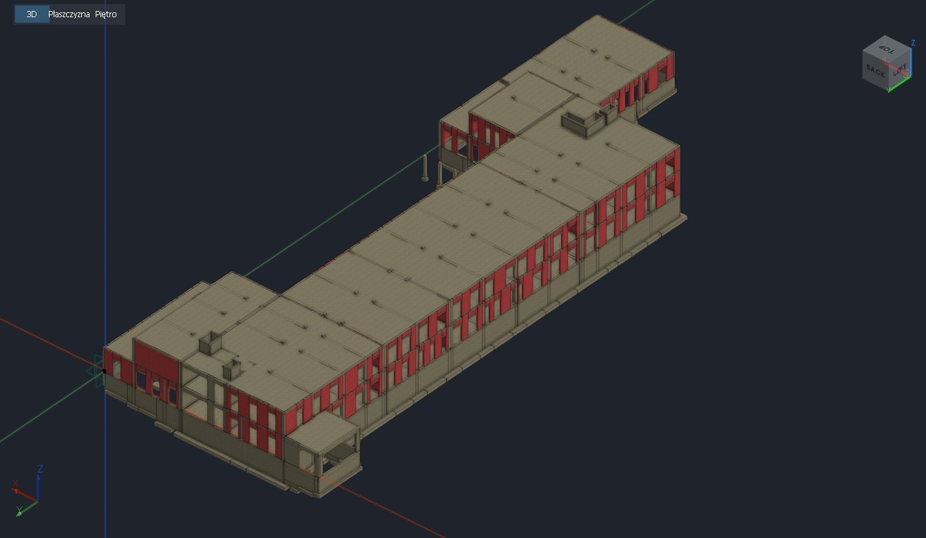 Model 3D hali produkcyjnej z widocznymi elementami konstrukcji stalowej i oknami, prezentowany w programie do projektowania CAD, rzut izometryczny.