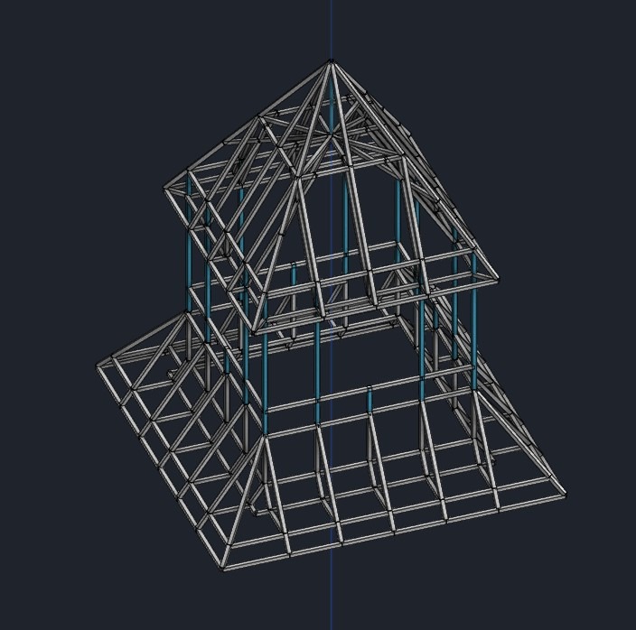 Model 3D konstrukcji drewnianej wieży z elementami stalowymi, widok z góry, szkieletowa budowa na ciemnym tle.