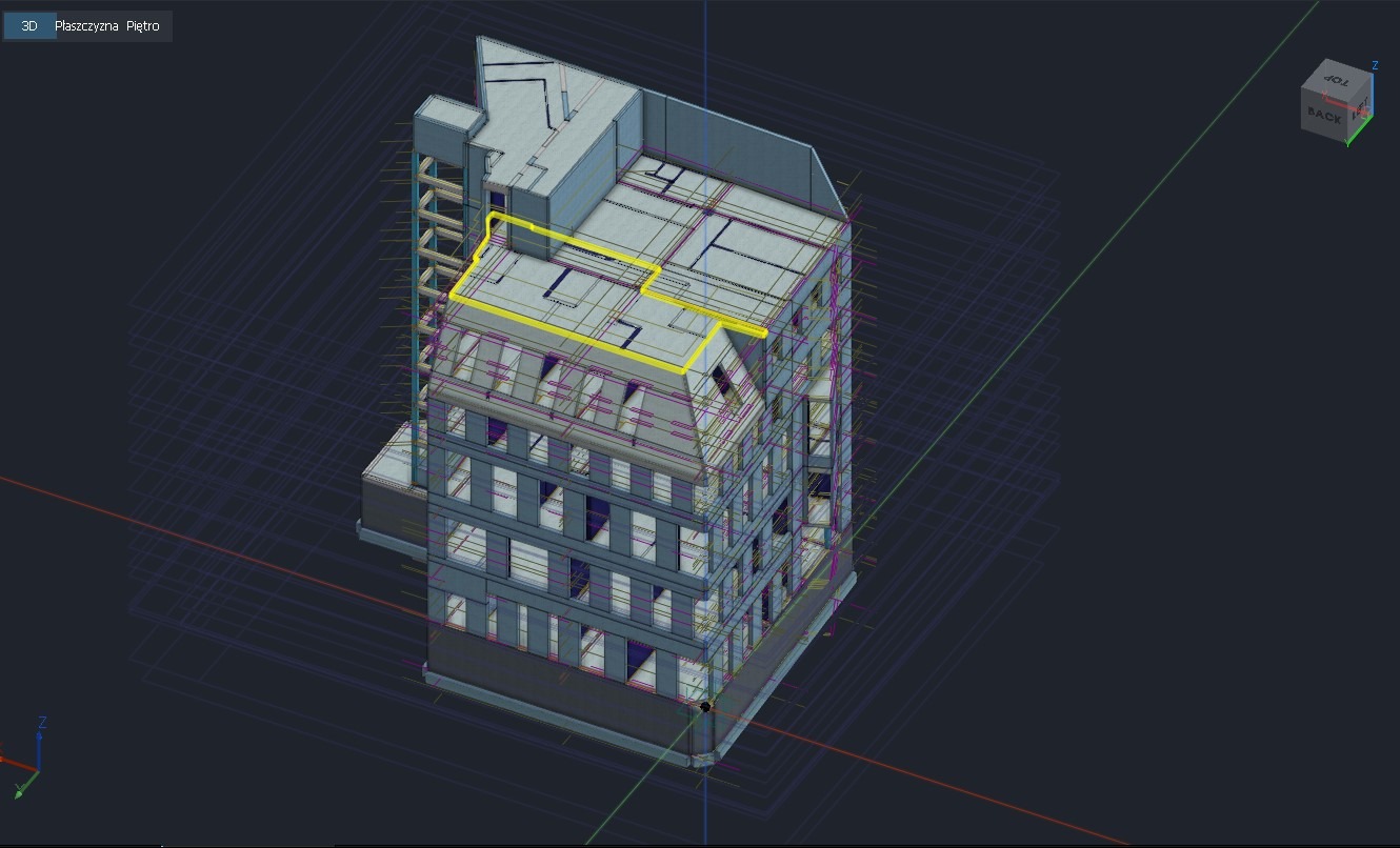 Model 3D kamienicy z mansardowym dachem, widoczny w programie do projektowania. Żółte obramowanie akcentuje fragment konstrukcji. Widok z góry i z boku.