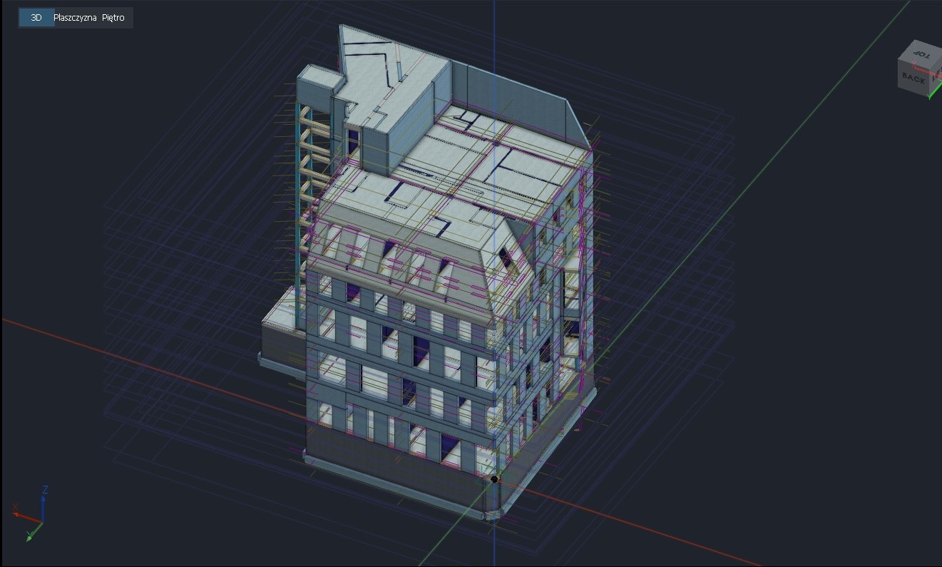 Model 3D budynku mieszkalnego z mansardowym dachem, widoczny w programie do projektowania. Siatka konstrukcyjna nałożona na bryłę budynku.
