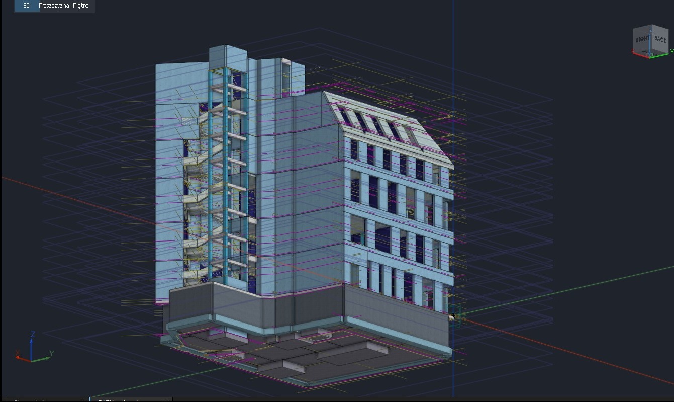 Model 3D budynku wielopiętrowego z klatką schodową, wizualizacja w programie do projektowania architektonicznego, widoczne linie siatki i osie.
