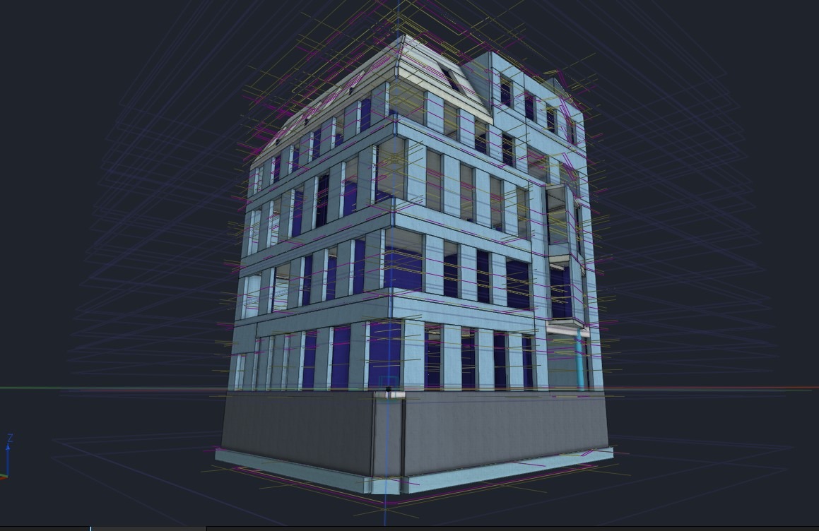 Szkic budynku wielopiętrowego w niebieskiej tonacji, z widocznymi liniami konstrukcyjnymi na ciemnym tle, ukazujący etap projektowania architektonicznego.