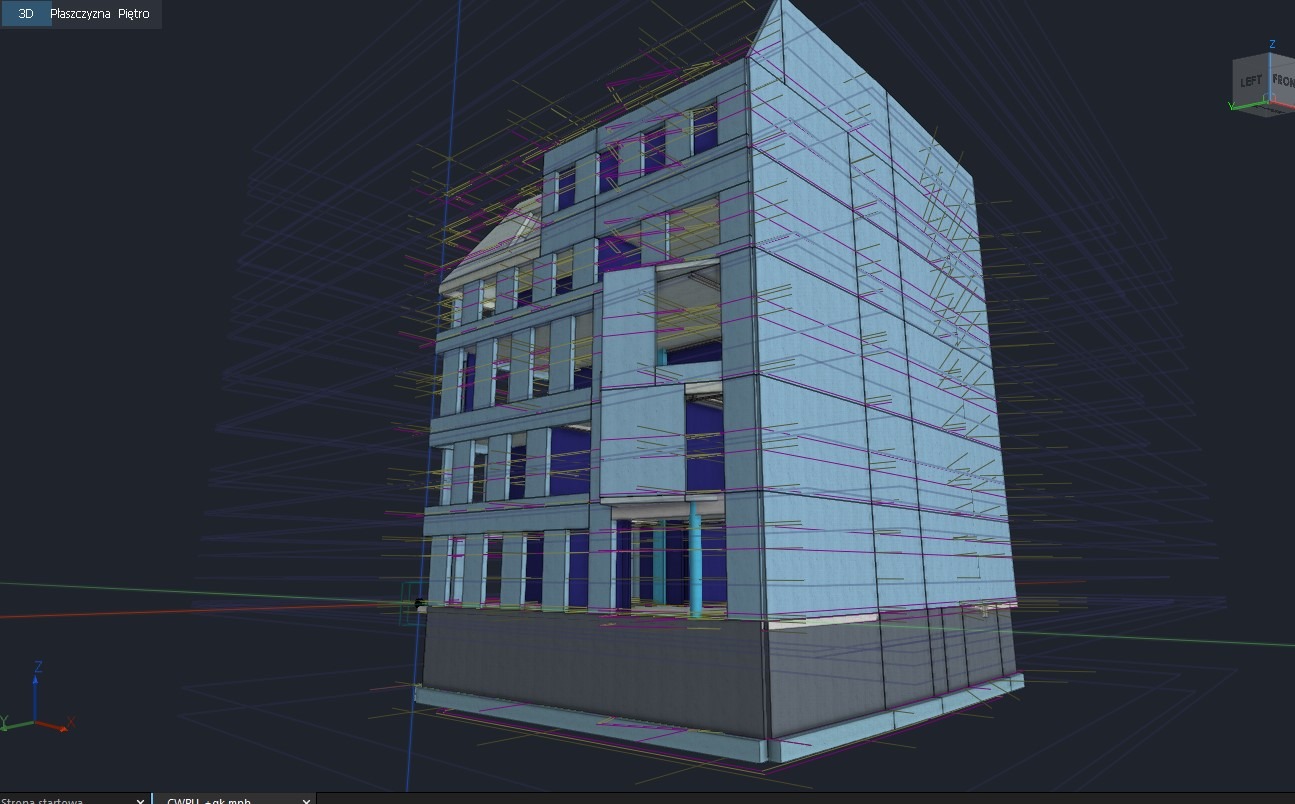 Wizualizacja 3D budynku wielopiętrowego z zaznaczonymi liniami konstrukcyjnymi na ciemnym tle. Model budynku w odcieniach szarości i błękitu. Widok z perspektywy.