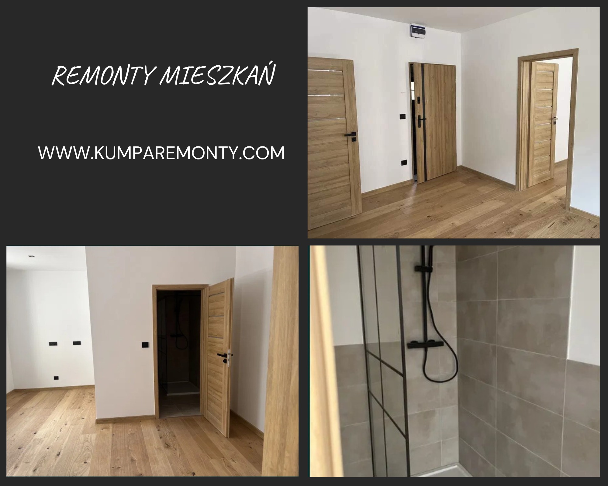 Wnętrze po remoncie: widok na pokój z drewnianą podłogą i dwiema otwartymi, drewnianymi drzwiami z czarnymi klamkami oraz fragment wykafelkowanej kabiny prysznicowej z czarną armaturą.