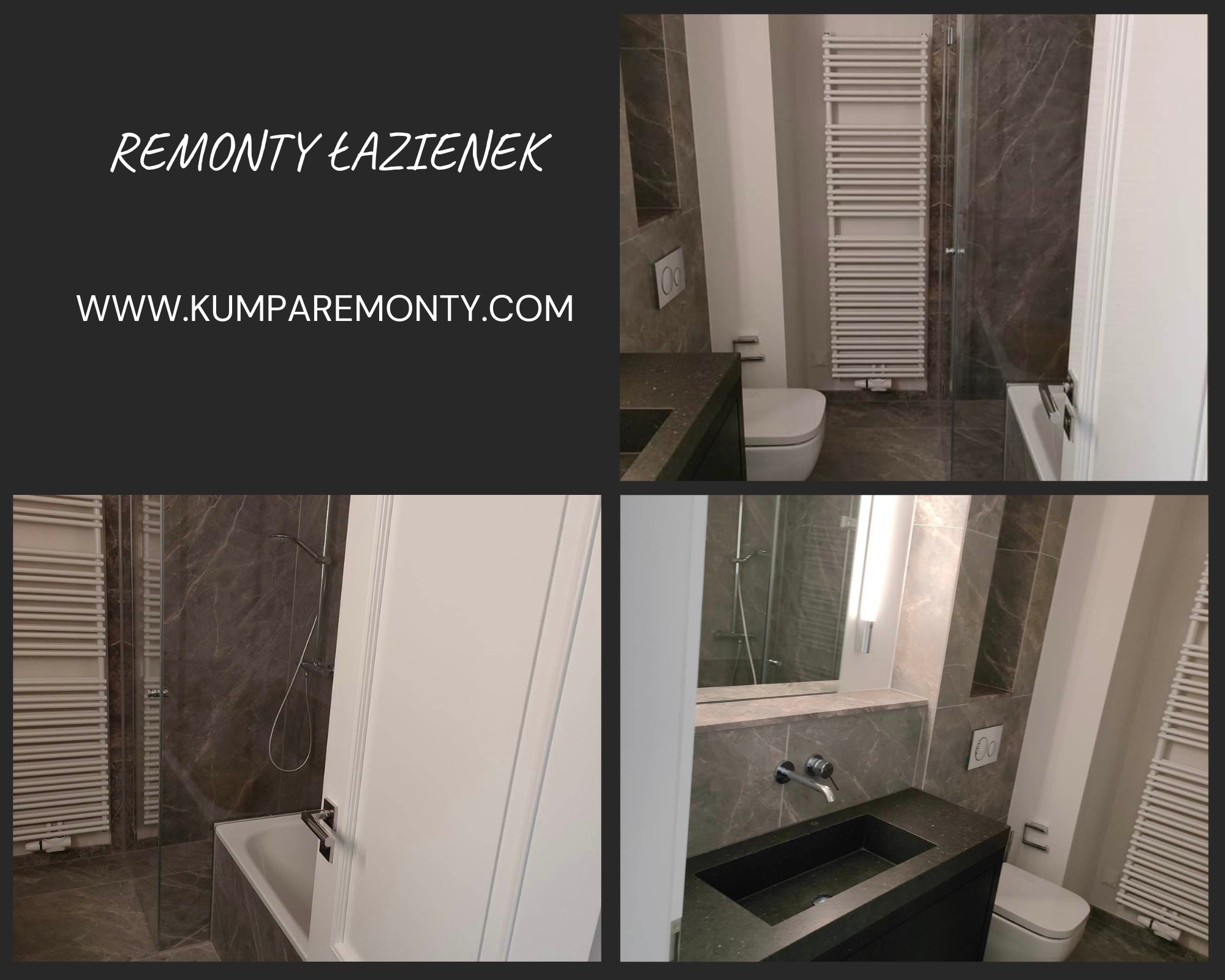 Wykończona łazienka z marmurowymi płytkami, grzejnikiem drabinkowym, umywalką z czarnego kamienia i toaletą, widoczne detale wykończenia oraz fragment reklamy firmy remontowej.