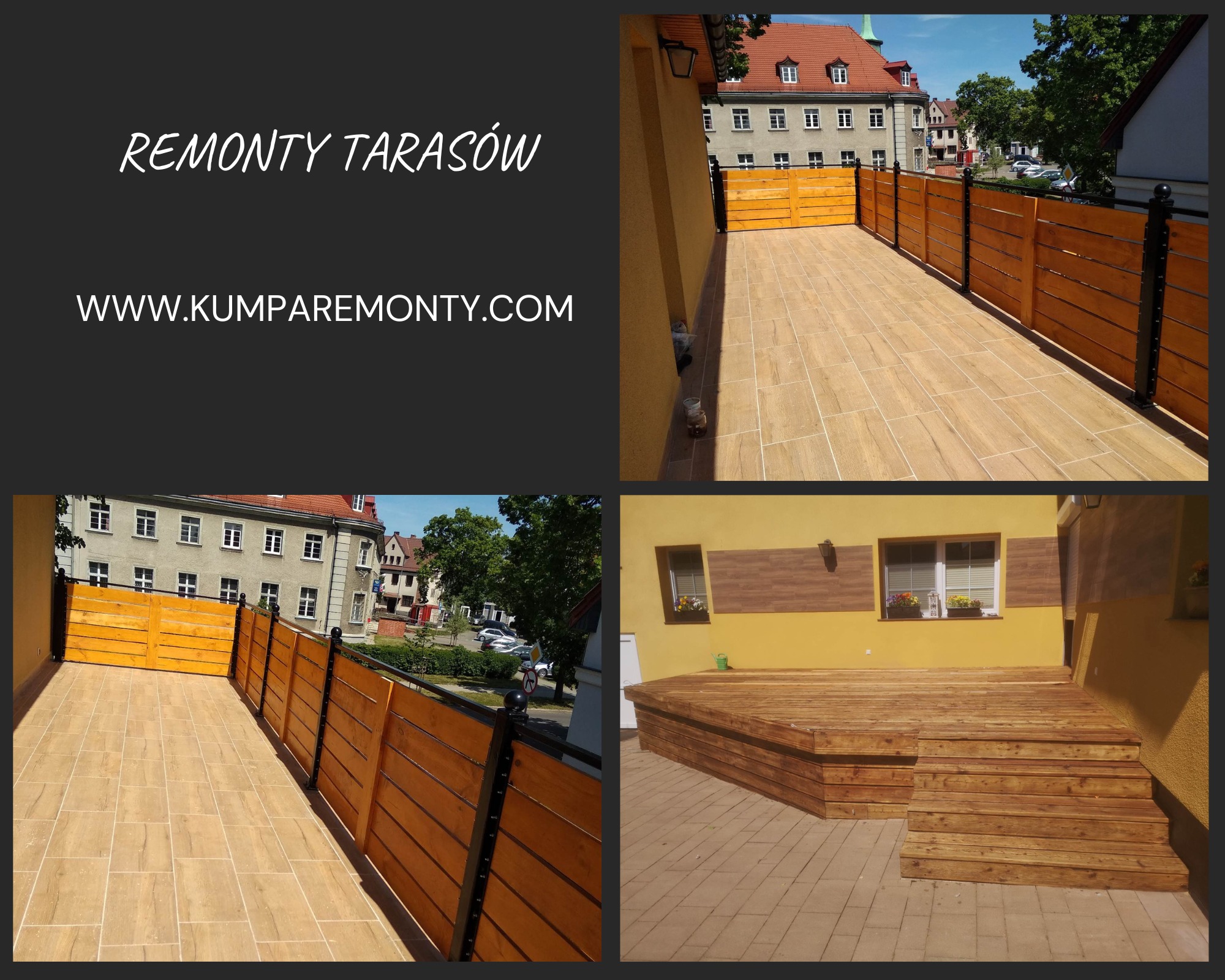 Zakończony remont tarasu z drewnianą podłogą i balustradą, widok na budynek mieszkalny z czerwonym dachem i otoczenie. Na dolnym zdjęciu drewniany podest z schodami.