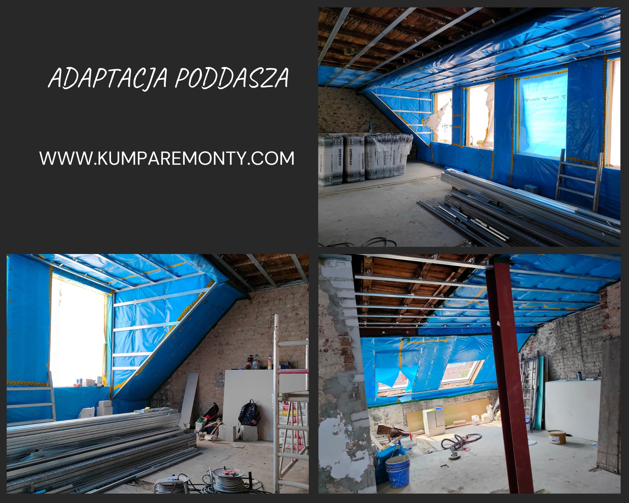 Adaptacja poddasza w trakcie prac: zabezpieczone folią okna, widoczne profile metalowe pod konstrukcję sufitu podwieszanego, surowa cegła na ścianach, oraz materiały izolacyjne Superglass.