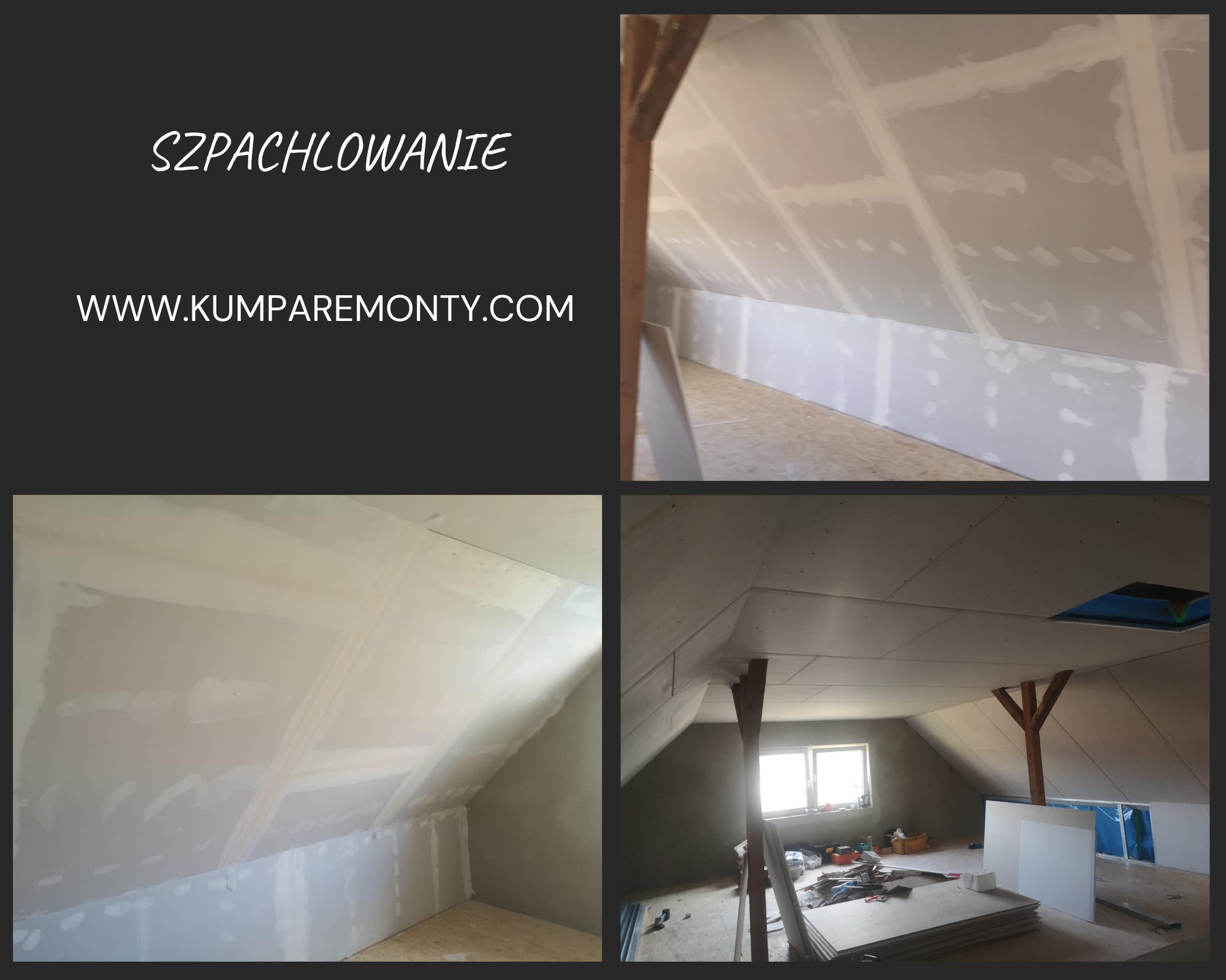 Sufit i ściany poddasza w trakcie szpachlowania, widoczne płyty gipsowo-kartonowe ze śladami szpachli, drewniane podpory w centralnej części kadru, okno w tle.