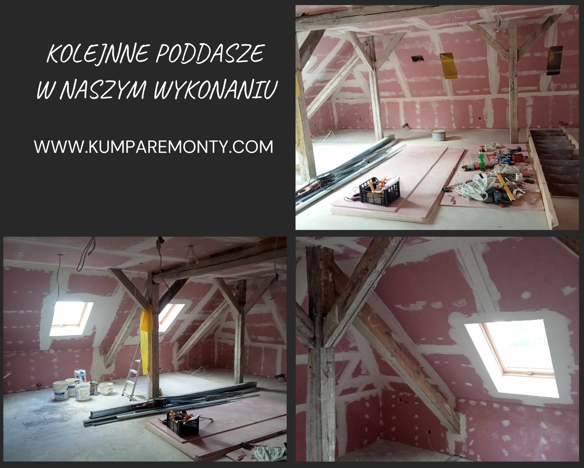 Poddasze w trakcie prac wykończeniowych: ściany pokryte różowym podkładem i częściowo wypełnione gipsem, widoczne drewniane elementy konstrukcyjne dachu, narzędzia i materiały budowlane rozłożone...