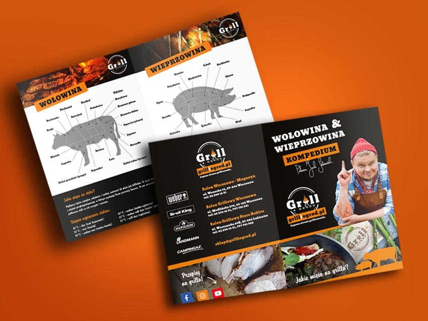 Rozłożona ulotka reklamowa z grafikami wołowiny i wieprzowiny, schematami podziału mięsa, logo firmy Grill Ogrod i zdjęciem kucharza wskazującego palcem w górę.