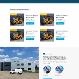 Widok strony internetowej z listą pojazdów na aukcji, w tym motocykli i maszyn budowlanych, z elementami interfejsu użytkownika, logotypem i formularzem kontaktowym.