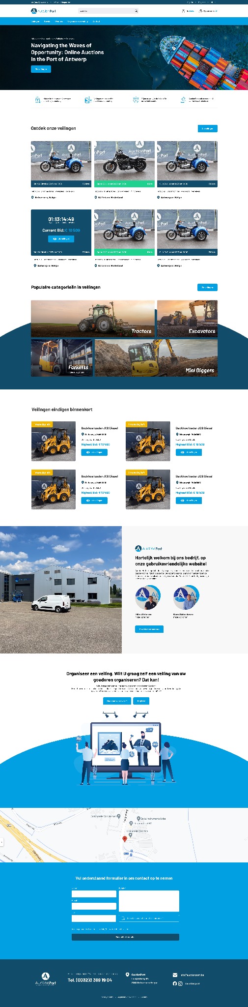 Widok strony internetowej z listą pojazdów na aukcji, w tym motocykli i maszyn budowlanych, z elementami interfejsu użytkownika, logotypem i formularzem kontaktowym.