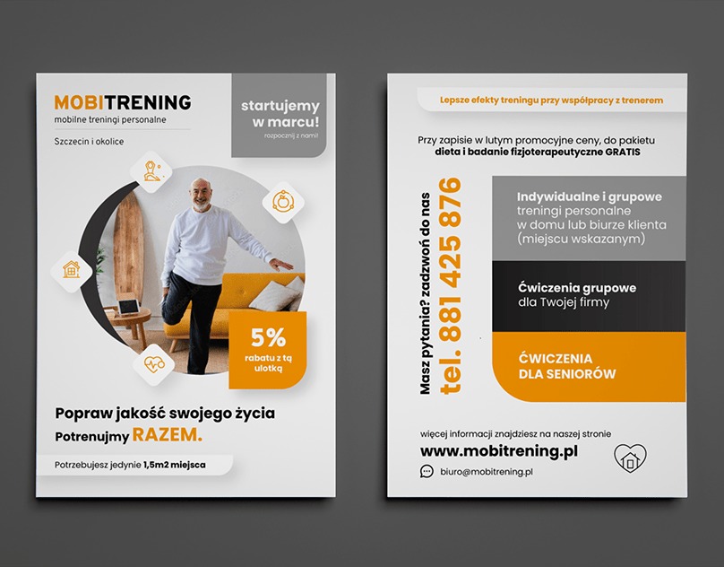 Ulotka reklamowa mobilnych treningów personalnych Mobitrening w Szczecinie, oferująca 5% rabatu i indywidualne oraz grupowe ćwiczenia dla firm i seniorów.