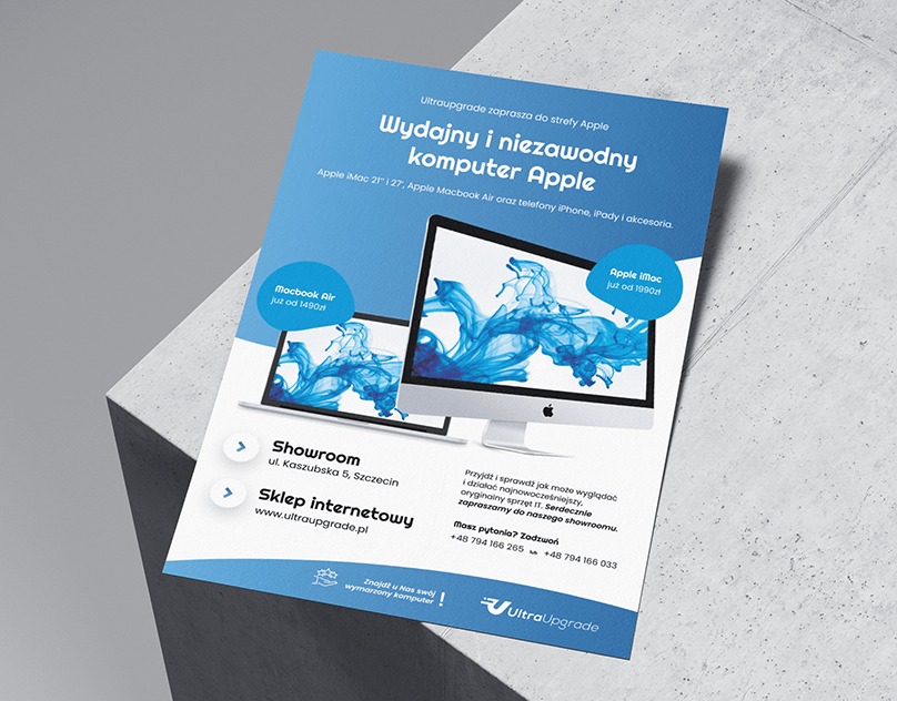 Ulotka reklamowa z ofertą komputerów Apple, w tym iMac i MacBook Air, z informacją o showroomie i sklepie internetowym firmy UltraUpgrade.