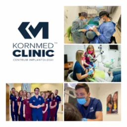 Kolaż zdjęć z kliniki: zabiegi stomatologiczne z użyciem mikroskopu, zespół w uniformach, logo kliniki.