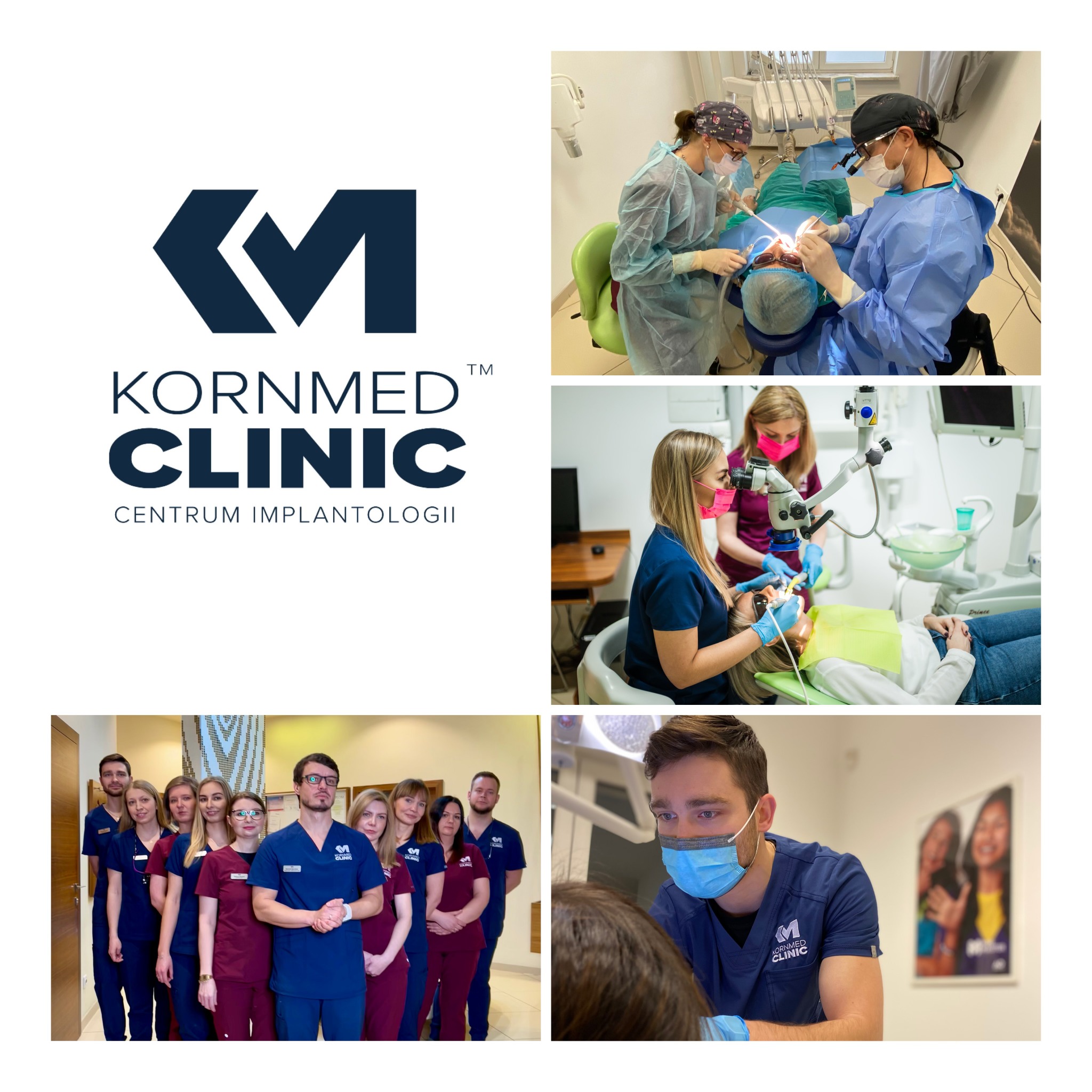 Kolaż zdjęć z kliniki: zabiegi stomatologiczne z użyciem mikroskopu, zespół w uniformach, logo kliniki.