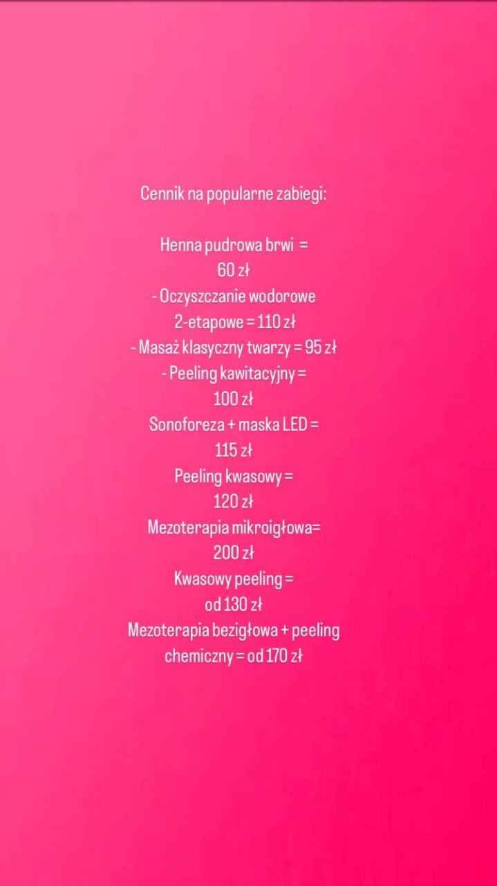 Różowe tło z cennikiem popularnych usług kosmetycznych, w tym henna pudrowa brwi, oczyszczanie wodorowe, masaż twarzy, peeling kawitacyjny, sonoforeza z maską LED, peeling kwasowy i mezoterapia.